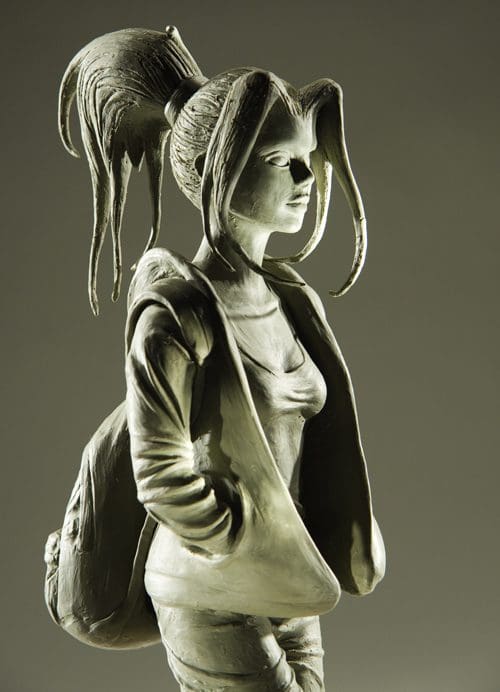 A detailed sculpture of a young woman with long, playful pigtails, wearing a casual outfit and a backpack. She stands with her hands in her pockets against a softly lit background, showcasing intricate features and textures.