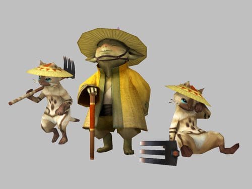 Three cat-like animated characters dressed in traditional attire. The central figure in a yellow cloak holds a cane, while the others, smaller and wearing straw hats, hold farming tools, posing in a playful manner.