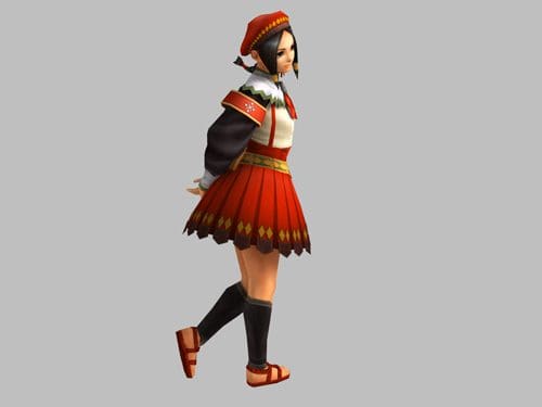 A character wearing a colorful traditional outfit, featuring a red dress with patterned trim, a white blouse, and black knee-high socks. The character has short black hair and is posed slightly sideways, as if walking.