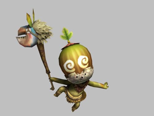 A whimsical character with a round head adorned with a green leaf and decorative swirls, wearing a brown loincloth and holding a staff with a colorful top. The character has expressive eyes and a playful pose against a light gray background.