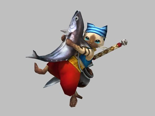 A fantasy cat-like character dressed in a blue top and red pants, holding a large fish with one hand and a staff with the other. The character has big ears and bright blue eyes, set against a plain gray background.