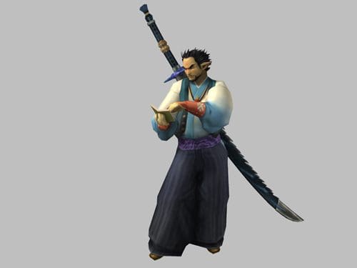 A character wearing a traditional blue and white outfit, with a long sword attached to his back. He is holding a book in one hand while looking at it, standing against a plain gray background.