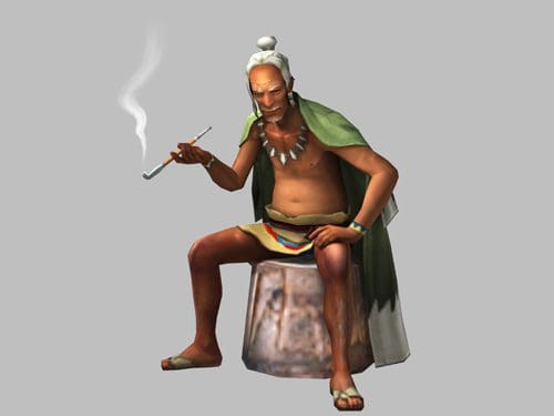 A wise-looking elderly man sitting on a wooden stump, wearing traditional attire with a green cape and beaded necklace. He holds a pipe with smoke rising from it, embodying a thoughtful and relaxed demeanor.