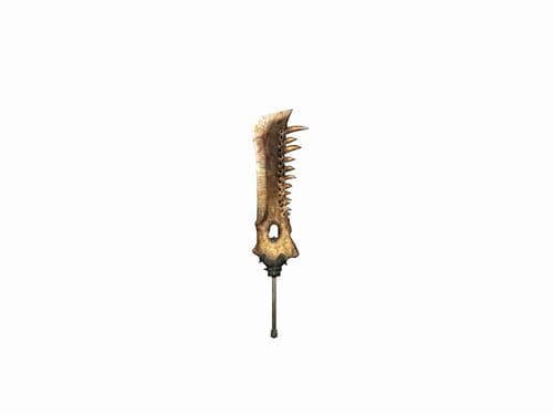 A unique weapon designed to resemble a tooth or jawbone, featuring serrated edges, and a metal handle protruding from the bottom, set against a plain white background.