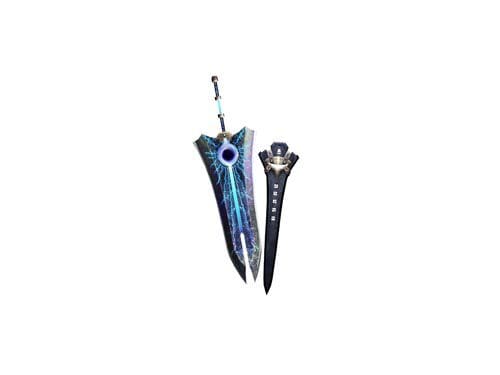 A fantasy-inspired sword with an intricate design featuring a dark blade adorned with glowing blue lightning patterns. The sword includes a decorative hilt and a matching sheath, emphasizing its mystical appearance.