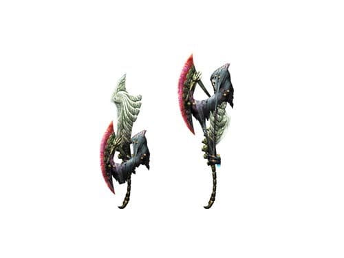 A pair of ornate, dual-bladed scythes featuring intricate designs, including feather-like elements and vibrant red accents. The blades have a dark, menacing appearance, set against a plain white background.