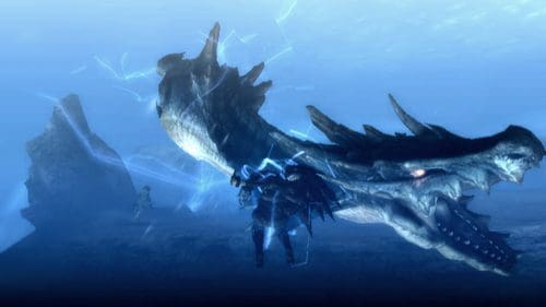 A colossal dragon with dark, scaled skin swimming underwater, its mouth open revealing sharp teeth. A knight in armor stands near the dragon, illuminated by a faint blue light, emphasizing the mysterious underwater scene.