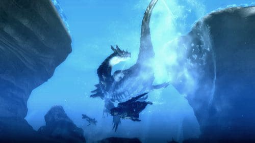 A majestic underwater scene featuring a large, mythical dragon swimming among rocky formations. Bubbles and light filter through the water, creating a magical atmosphere with smaller creatures visible nearby.