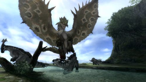 A large, dragon-like creature with expansive wings stands majestically over a small body of water, while several smaller, reptilian creatures roam in the background under a bright, cloudy sky.