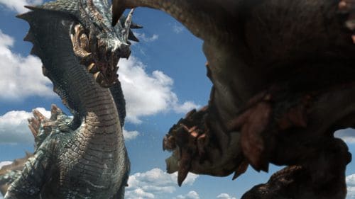 Two colossal, mythical dragons facing each other against a bright blue sky scattered with fluffy white clouds. One dragon has intricate scales and a fierce expression, while the other displays a robust form with sharp claws.