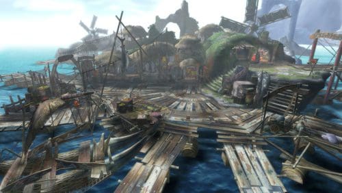 A scenic view of a wooden dock surrounded by water, with boats resting on the shore and small huts scattered around. Lush greenery can be seen on the structures, adding a vibrant touch to the rustic scene.