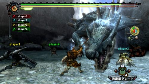 Four players engaged in a cooperative battle against a large, dragon-like creature in a rocky, water-filled arena. The scene shows a dynamic fight, with players using various weapons and abilities.