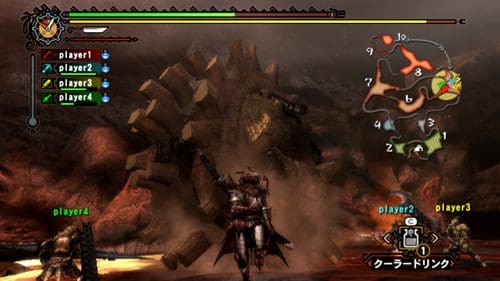 A group of four players battling a large, spiky monster in a dark, volcanic landscape. Indicators for player names and a map are visible, showing their positions and status during the gameplay.
