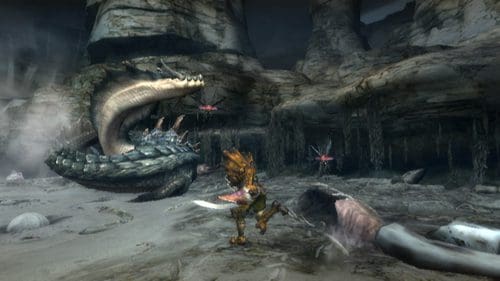 A fierce battle scene in a dark, rocky environment, featuring a warrior poised to strike, facing a large, serpent-like monster with a wide-open mouth, while smaller creatures are seen nearby.
