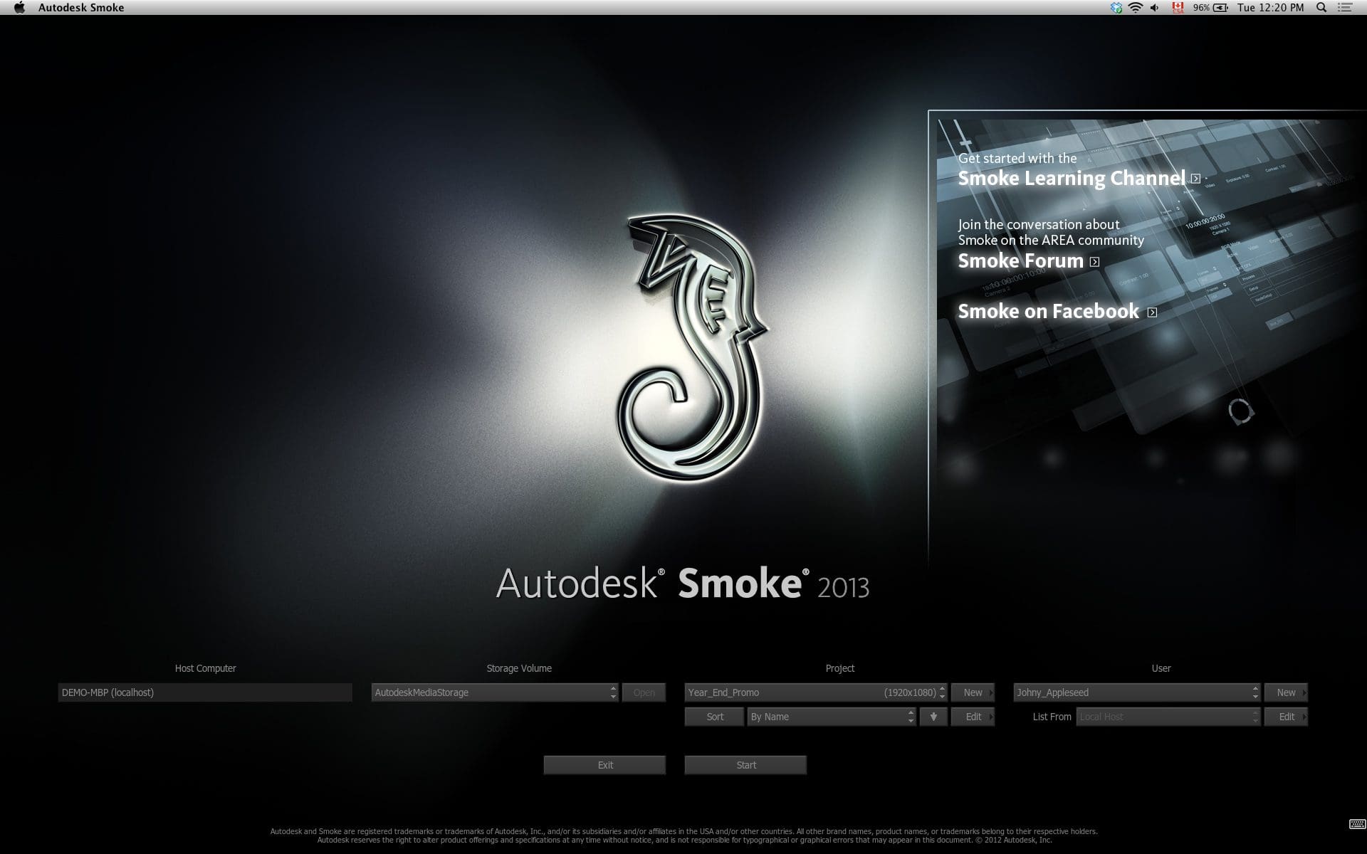 Autodesk Smoke 2013 login screen with a logo and menu options