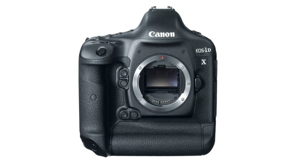 A Canon EOS-1D X camera body facing forward with empty lens mount.