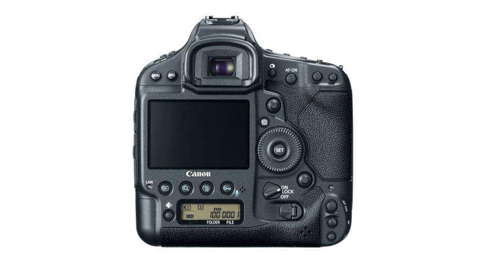 Back view of a Canon camera body with controls and display.