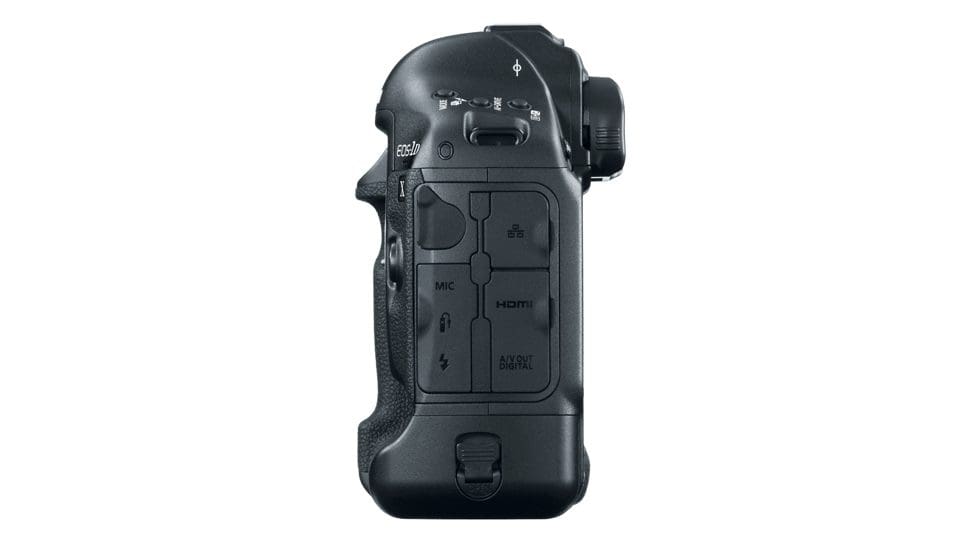 Side view of a professional camera with control buttons