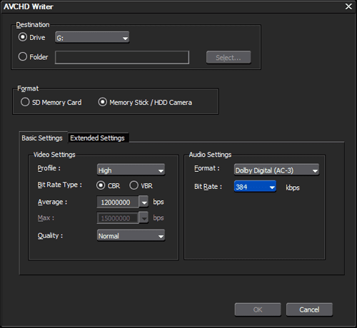 AVCHD Writer settings window for video and audio compression