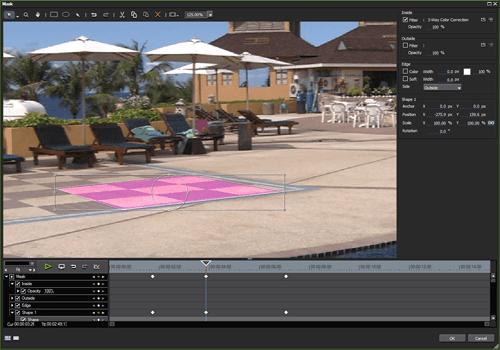 Editing software interface with color correction panel, swimming pool area, and lounge chairs.