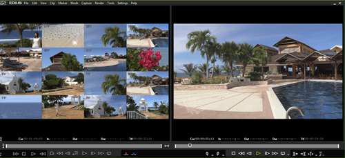 Video editing software interface with thumbnails and preview pane.