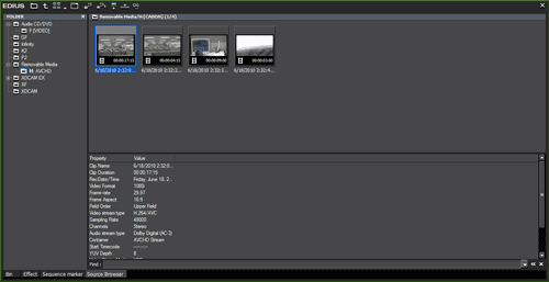 Video editing software interface displaying media files.