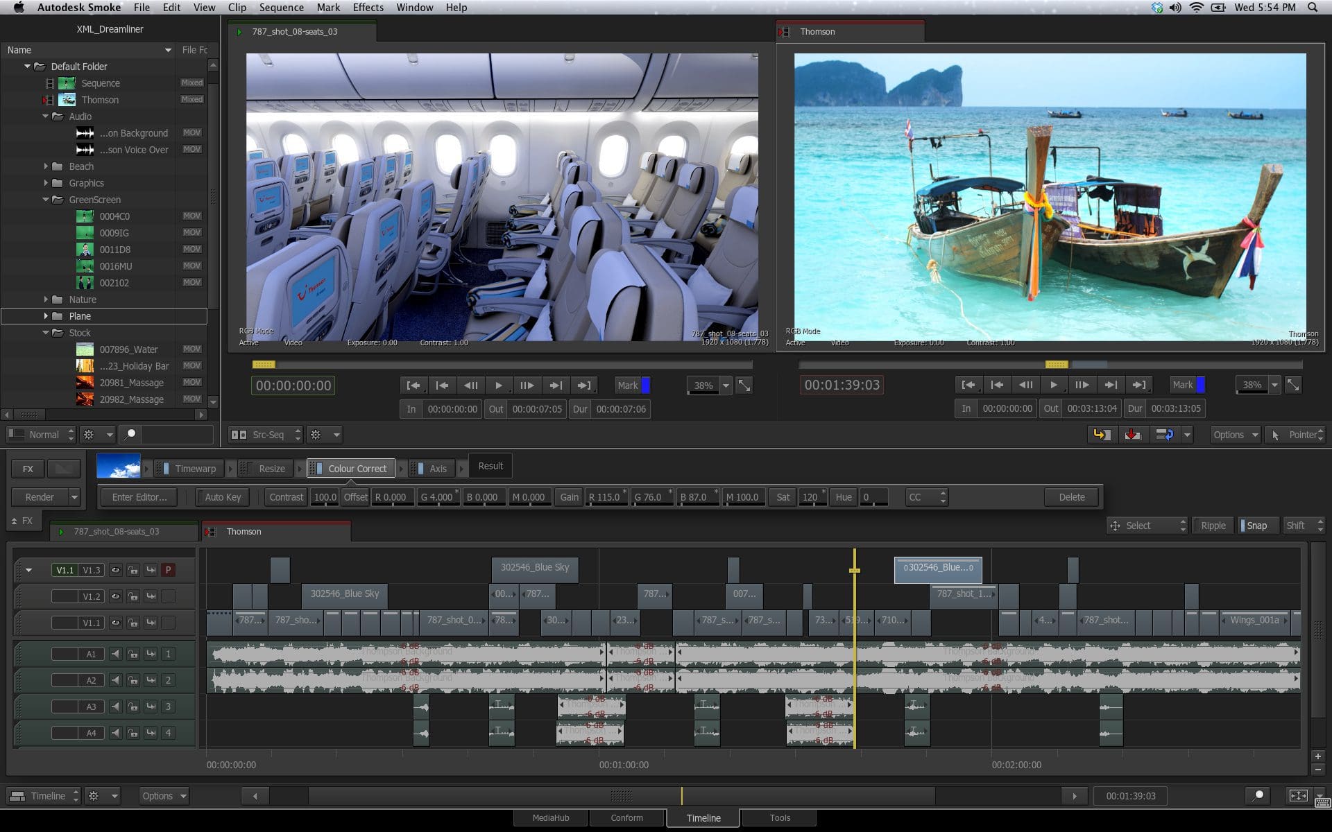 Video editing software interface with airplane interior and beach scene