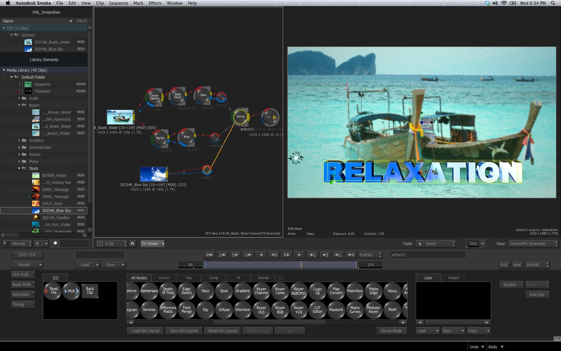 Editing software interface with text "RELAXATION" and a boat image