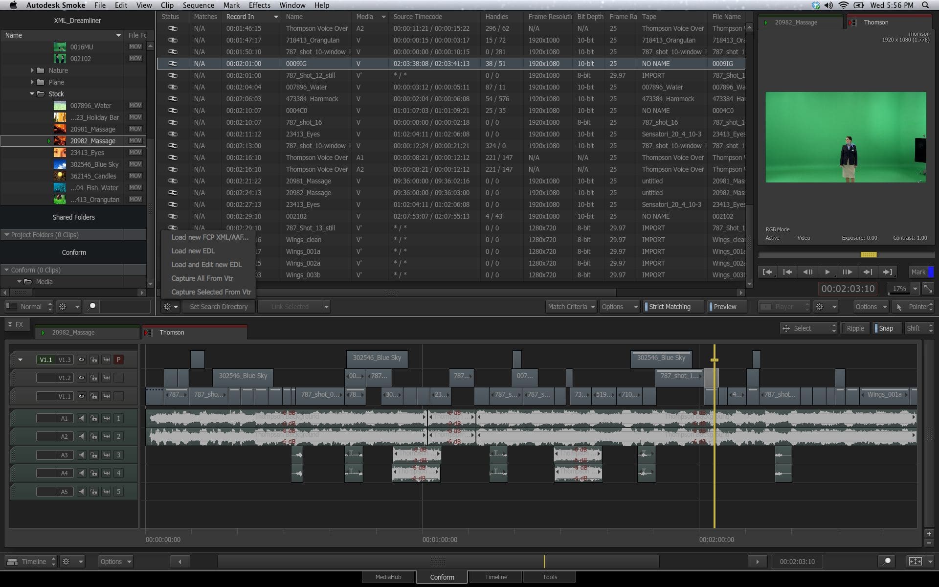 Video editing software interface displaying timeline and media files