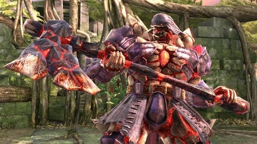 A large, armored warrior character holding a massive axe with jagged edges. The armor is dark purple with red accents, and the background features green foliage and stone ruins, suggesting a fantasy setting.