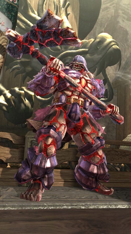 A towering, heavily armored character wielding a large battle axe. The armor is dark purple with glowing red cracks, contrasting with the rustic wooden backdrop of the scene. The character stands confidently, showcasing a fantasy warrior aesthetic.