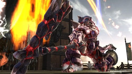 A fierce armored warrior wielding a large, spiked mace stands in a dramatic pose. The warrior is adorned with intricate purple and red armor, while fiery orange and blue streaks of light contrast against a cloudy sky in the background.
