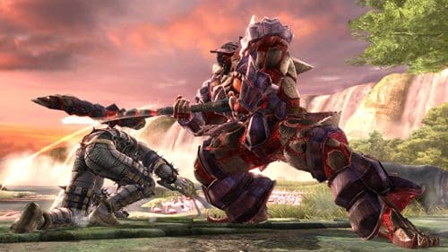 A large, armored warrior brandishing a spear in a dynamic pose, facing a crouching opponent. The background features a serene landscape with a waterfall and trees, illuminated by a dramatic sunset.