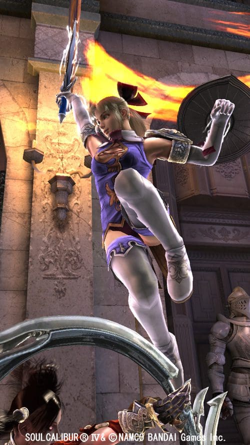 A female character in a vibrant outfit performing a dynamic pose in a fantasy setting, wielding a sword that emits flames, with medieval architecture and armored figures in the background.