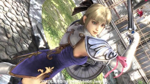 A female warrior in a purple and silver armor poses dynamically with a sword, showcasing her skill and readiness for battle. She has blonde hair tied back, and the background features a stone courtyard with greenery.