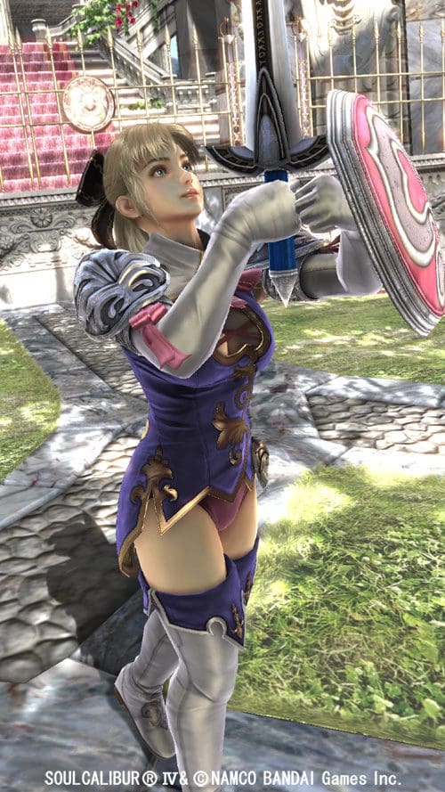 A female character in a purple and blue outfit holding a sword and shield, standing in a fantasy environment with cobblestone paths and decorative structures in the background.