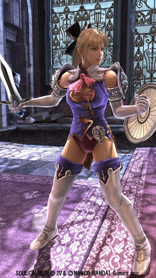 A female character in a colorful, intricately designed outfit, wielding a sword and shield, stands confidently in a bright room with ornate architecture. Sunlight casts patterns on the floor.