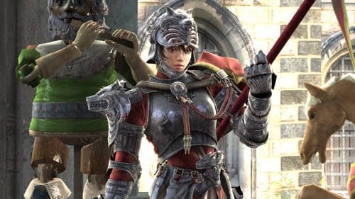 A female knight in silver armor, holding a polearm, stands confidently in a stone setting. Behind her, a wooden figure with a flute and another figure resembling a horse are visible, adding a whimsical touch.