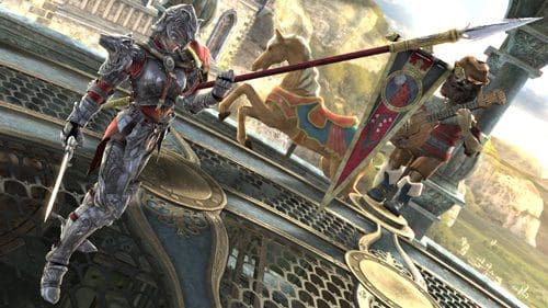 A knight in ornate silver armor stands confidently on a stone platform holding a spear, showcasing intricate details. Behind him, a warrior with a large banner and a stylized horse carousel adds a fantastical element to the scene.