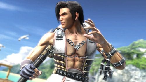 A male character with long hair stands confidently on a beach, wearing a partially open, traditional outfit that reveals his toned physique. He poses with a sword in hand, set against a scenic backdrop of ocean waves and green cliffs under a clear blue sky.