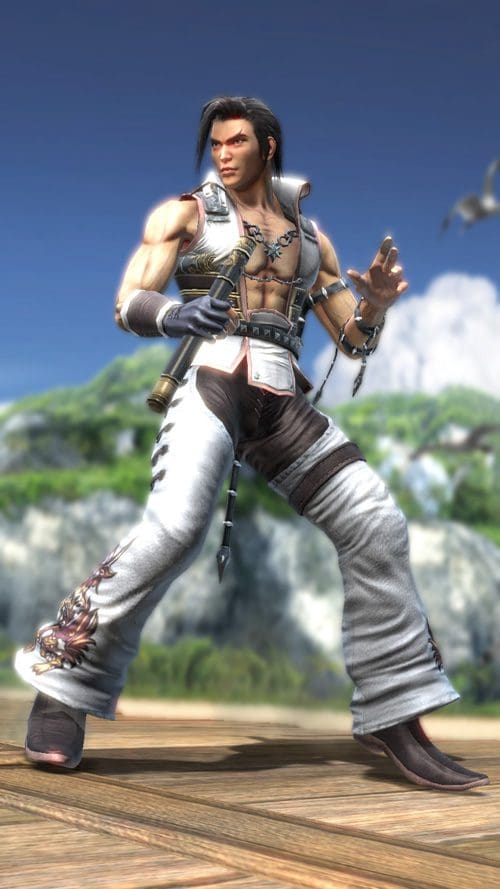 A muscular character in a dynamic pose, wearing a sleeveless top and loose-fitting pants. He has long hair and holds a weapon in one hand, set against a backdrop of lush green hills and a clear blue sky.