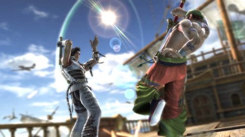 Two stylized fighters in a vibrant, dynamic action scene against a sunny sky. One fighter, dressed in white, poses confidently with raised arms, while the other, in colorful attire, is mid-movement, creating a lively atmosphere.