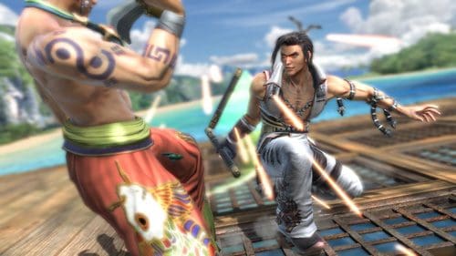 Two animated characters engaged in a martial arts battle on a wooden platform by the beach. One character, dressed in white with accessories, is countering an attack from another in colorful attire, with a scenic island backdrop.