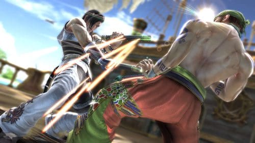Two fighters engaged in a dynamic battle on a ship deck. One combatant wields a sword, striking toward the other, who is countering with his weapon. The scene is lively, set against a bright blue sky and nautical elements in the background.