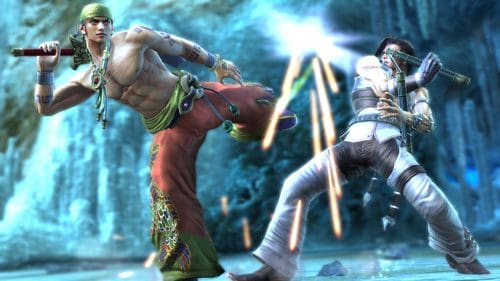 Two martial artists engaged in combat in a stylized arena. One fighter, wearing green and red, executes a high kick, while the other, in white attire, responds with a defensive stance. A dramatic background enhances the action.