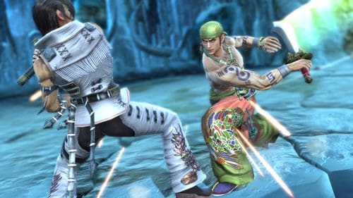 Two fighters engaged in a dynamic battle scene within a mystical environment. The first fighter, dressed in a sleek black outfit with silver detailing, is poised in a defensive stance. The second fighter, wearing colorful pants and a green headband, wields a sword mid-attack, with energy surrounding the blade.