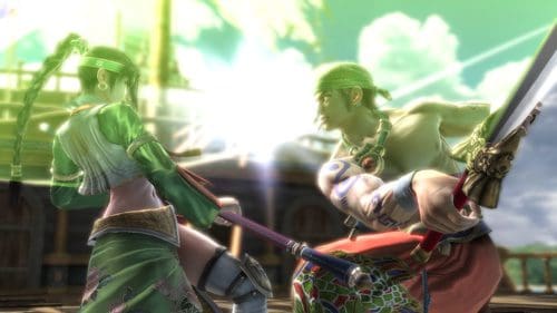 Two warriors engage in a dynamic sword fight on a ship. The female fighter in green attire wields a red staff, while the male fighter, shirtless with a tattoo, prepares a strike. Vibrant light highlights their intense expressions.