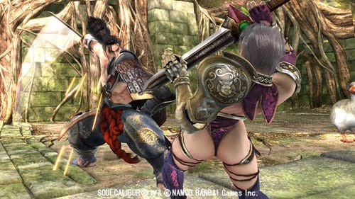 Two characters engaged in a fighting sequence in a video game setting. One character wields a weapon while the other appears to be in a defensive stance. The background features ancient stone structures and lush vegetation.