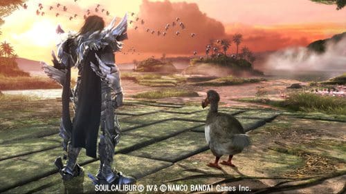 A fantasy-themed character wearing a detailed armored outfit stands on a path beside a curious duck. The background features a beautiful sunset over a tranquil landscape with water and distant trees.