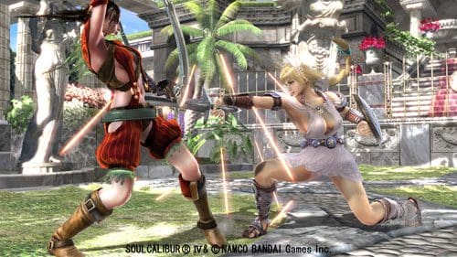 Two characters engaged in a duel in a lush outdoor arena. One fighter wears a vibrant red and green outfit, while the other, dressed in a light armored costume, wields a sword. The background features tropical plants and ancient architecture.
